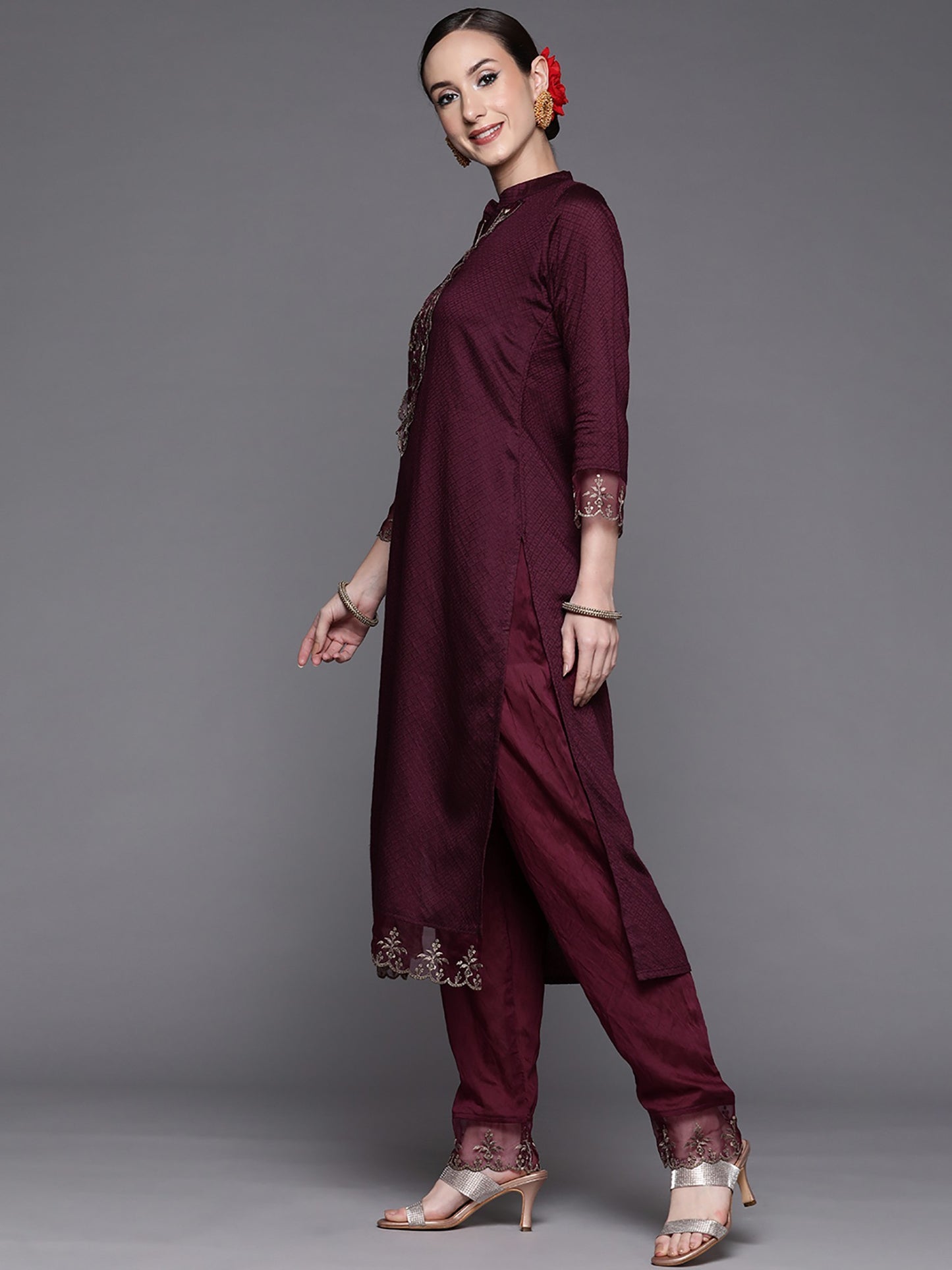 Wine Party Wear Embroidery Worked Kurta With Pant And Duppata Set Desi Soul