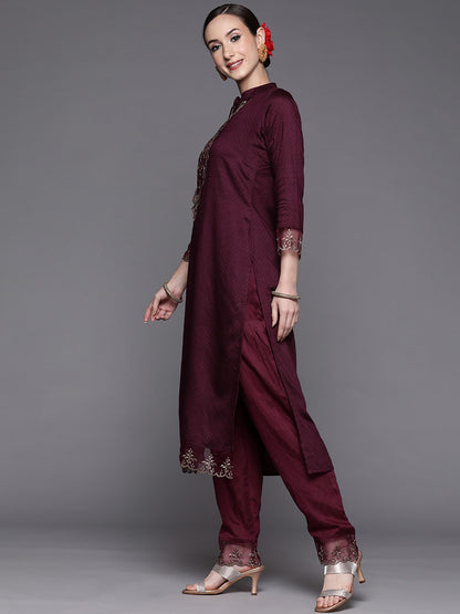 Wine Party Wear Embroidery Worked Kurta With Pant And Duppata Set Desi Soul