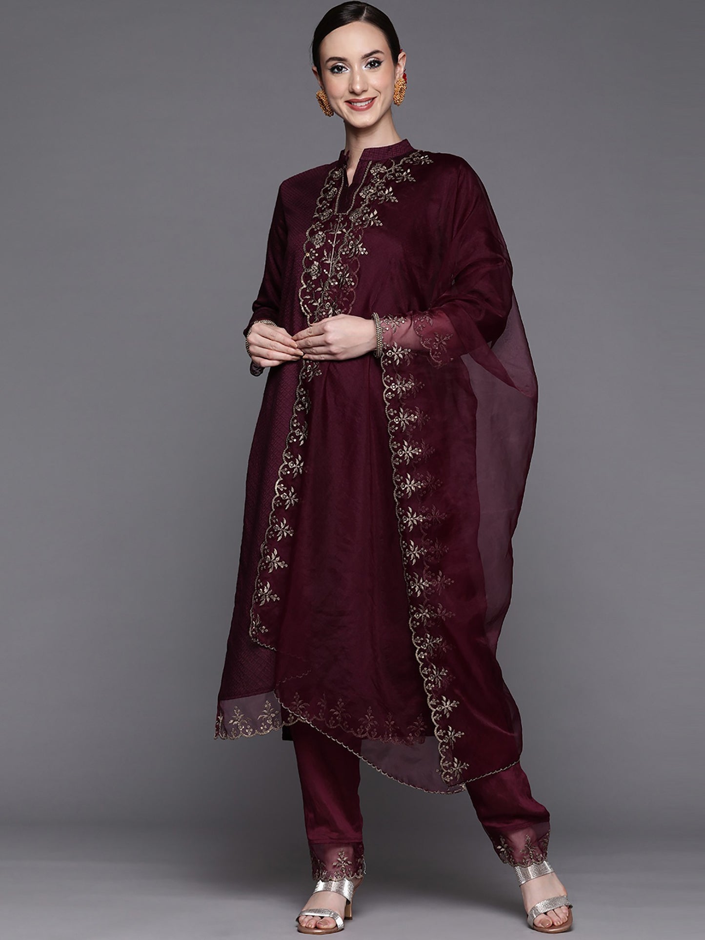 Wine Party Wear Embroidery Worked Kurta With Pant And Duppata Set Desi Soul