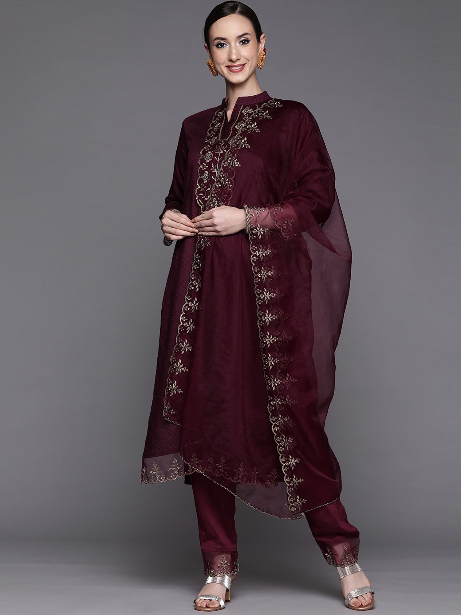 Wine Party Wear Embroidery Worked Kurta With Pant And Duppata Set Desi Soul