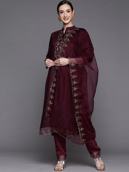 Wine Party Wear Embroidery Worked Kurta With Pant And Duppata Set Desi Soul