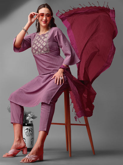 Purple Party Wear Embroidery Worked Kurta With Pant And Duppata Set Desi Soul