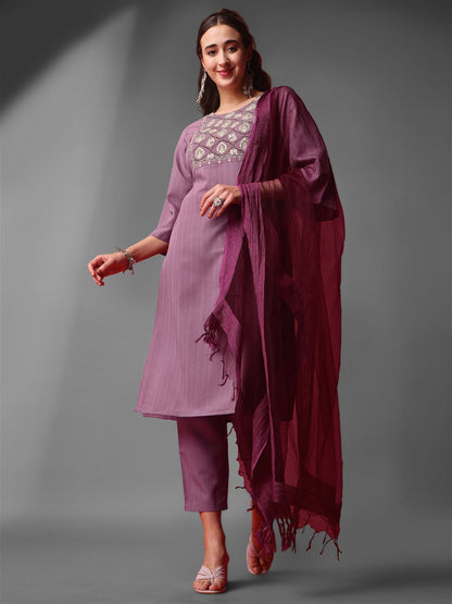 Purple Party Wear Embroidery Worked Kurta With Pant And Duppata Set Desi Soul