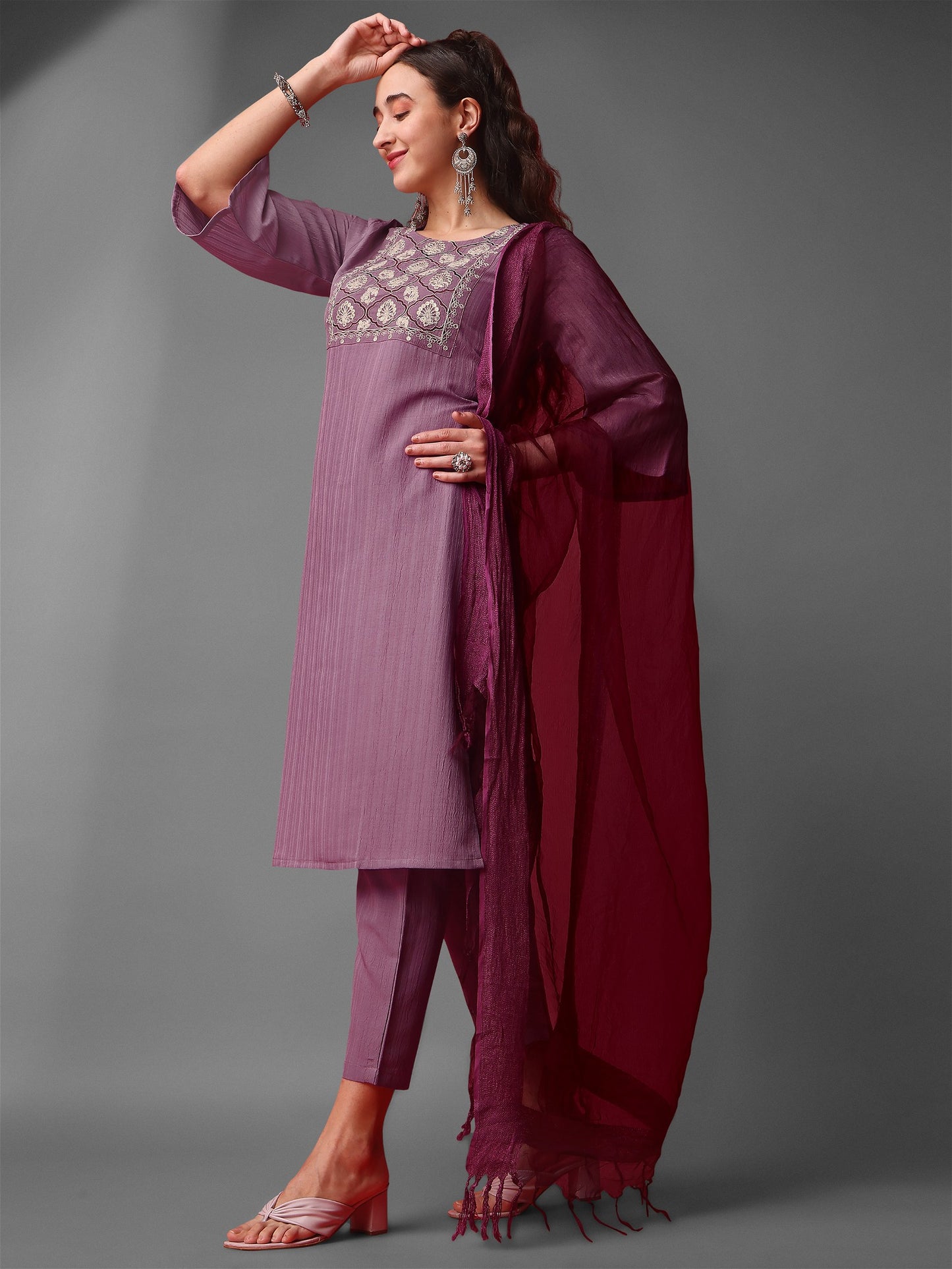 Purple Party Wear Embroidery Worked Kurta With Pant And Duppata Set Desi Soul