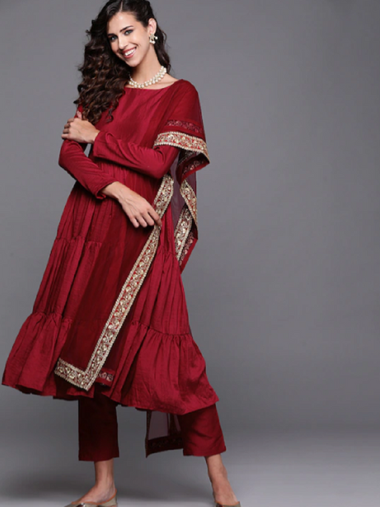 Red Party Wear Embroidery Worked Kurta With Pant And Duppata Set Desi Soul