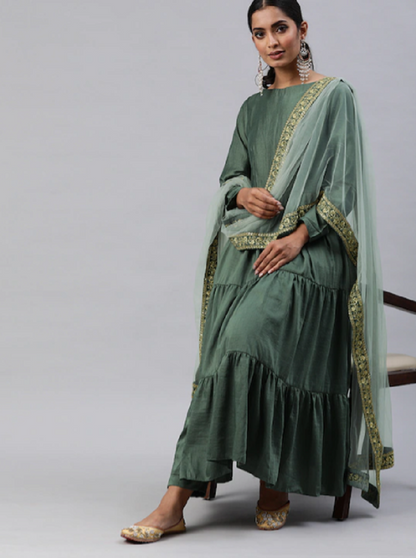 Green Party Wear Embroidery Worked Kurta With Pant And Duppata Set Desi Soul