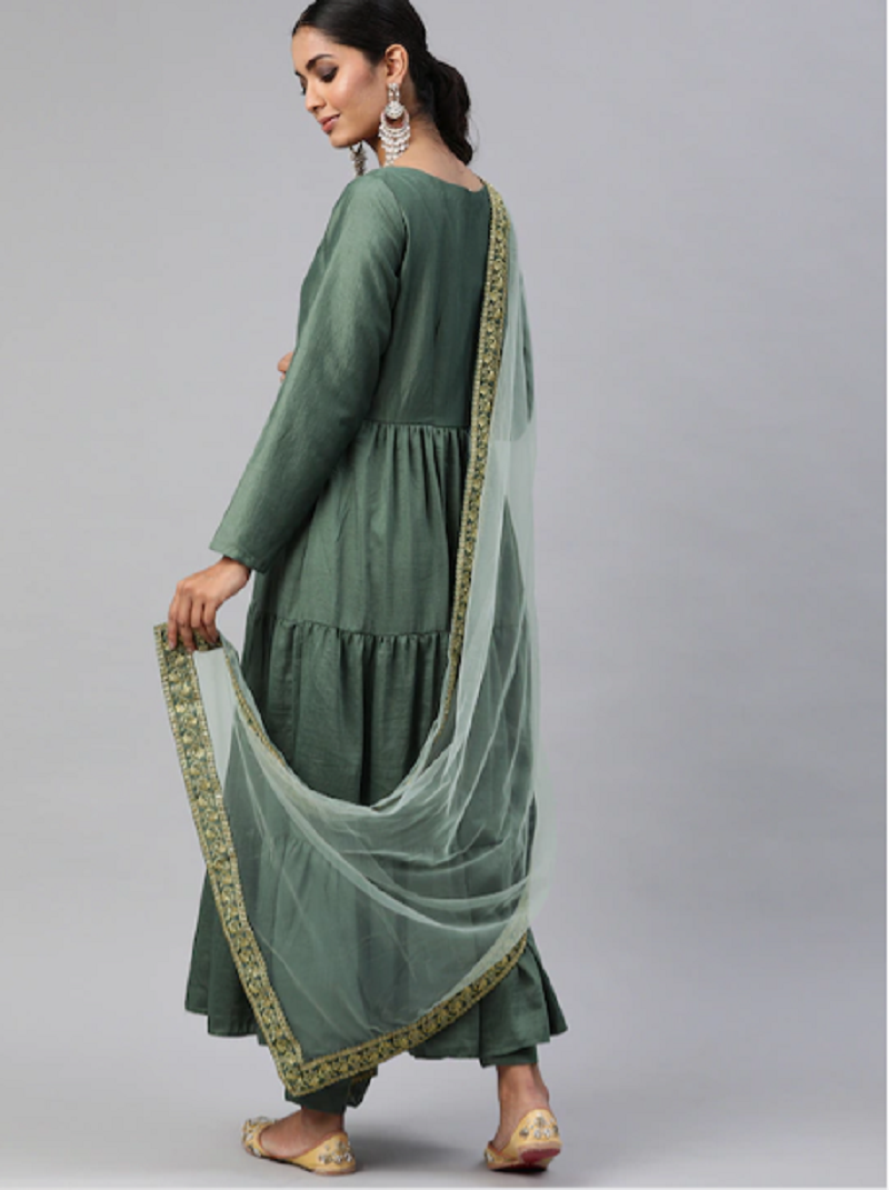 Green Party Wear Embroidery Worked Kurta With Pant And Duppata Set Desi Soul