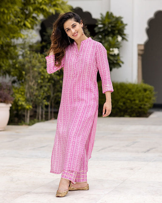 Pink Colour Pure Muslin Readymade Kurti With Bottom Set Desi Soul