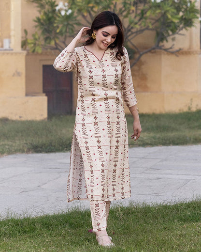 Cream Colour Pure Muslin Readymade Kurti With Bottom Set Desi Soul