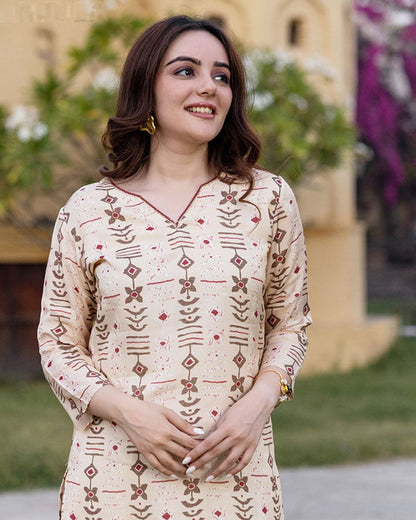 Cream Colour Pure Muslin Readymade Kurti With Bottom Set Desi Soul