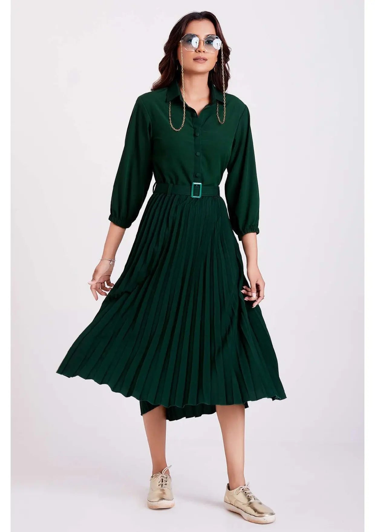 Green Pan Collar Pleated Western Wear dress for women - Let Us Vogue