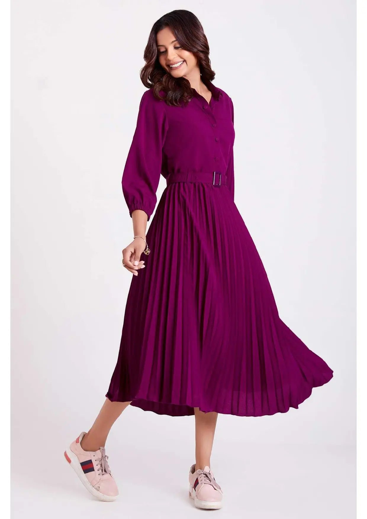 Purple Pan Collar Pleated Western Wear dress for women - Let Us Vogue