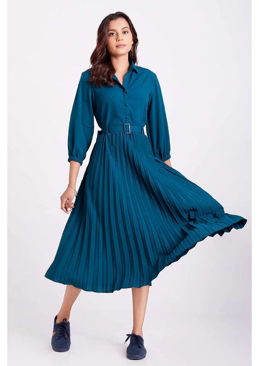 Teal Blue Colour Pleated Western Wear Drees For Women - Let Us Vogue