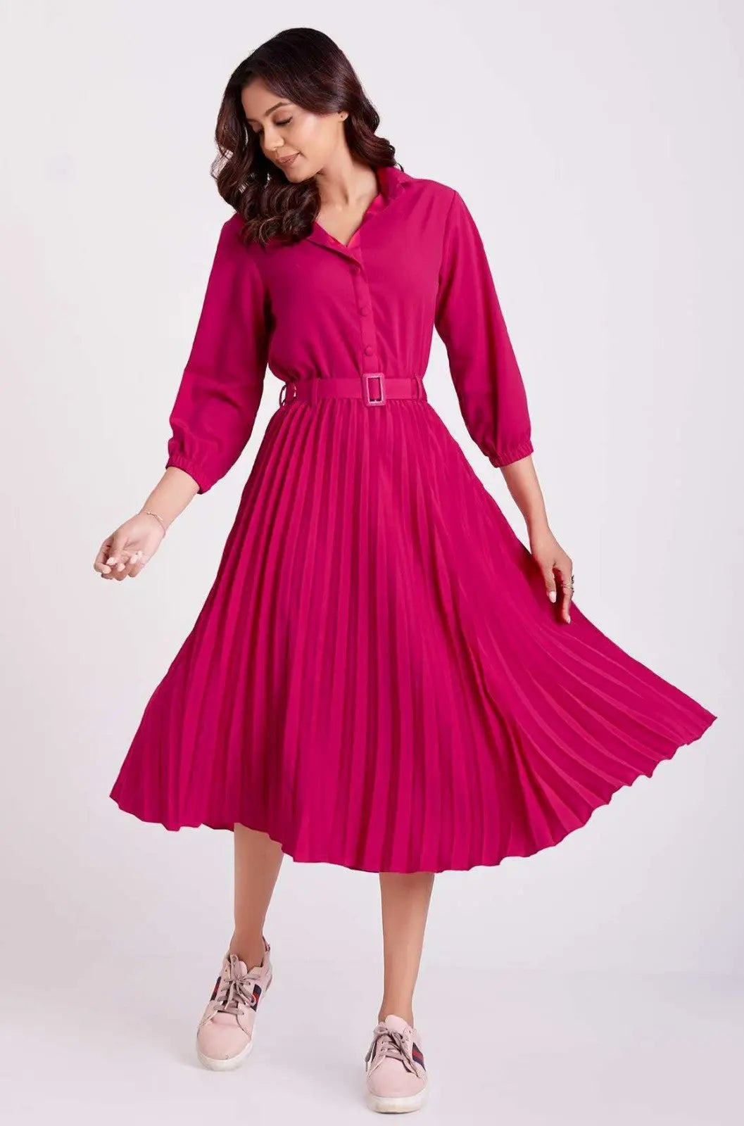 Milano Pink Pleated Shirt Dress For Women - Let Us Vogue