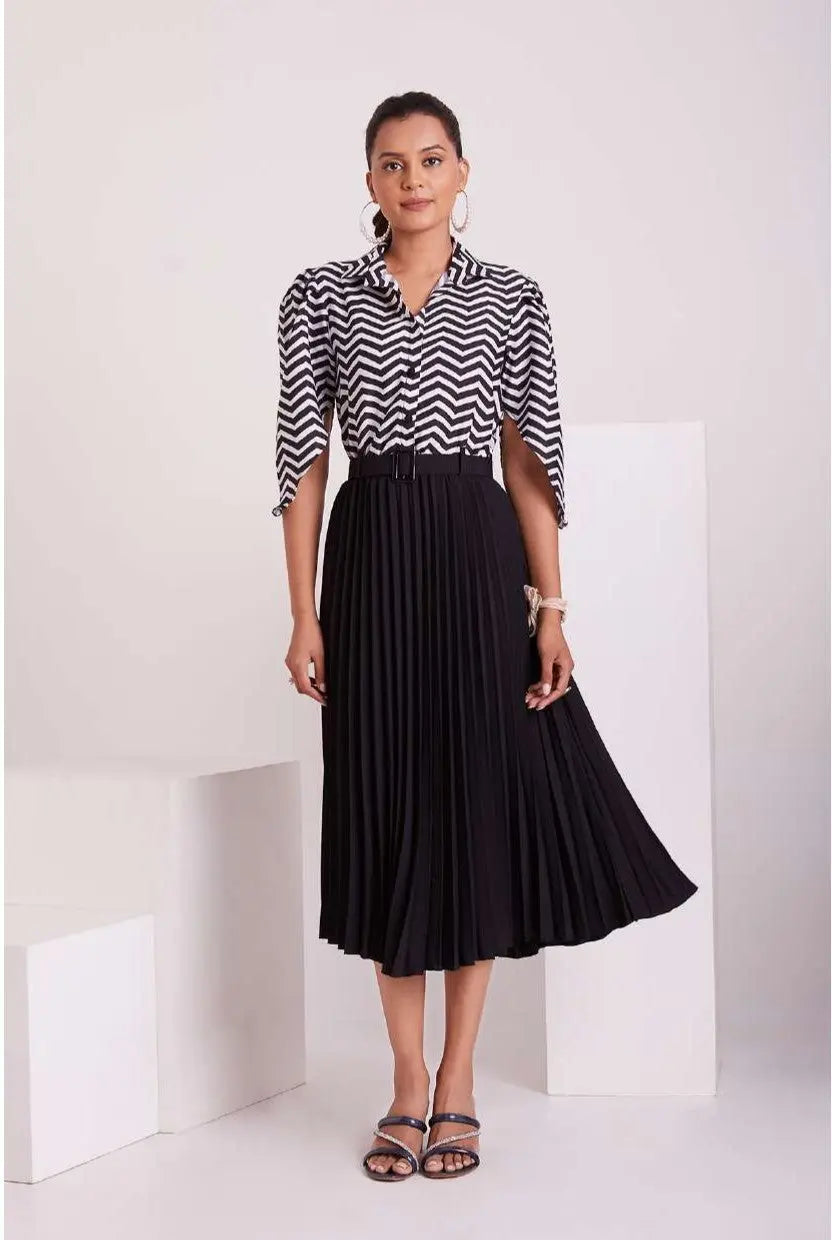 Black and White Pleated Western Wear Stylish Dress For Women - Let Us Vogue