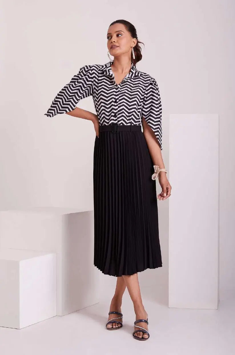 Black and White Pleated Western Wear Stylish Dress For Women - Let Us Vogue