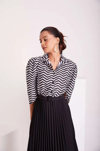 Black and White Pleated Western Wear Stylish Dress For Women - Let Us Vogue