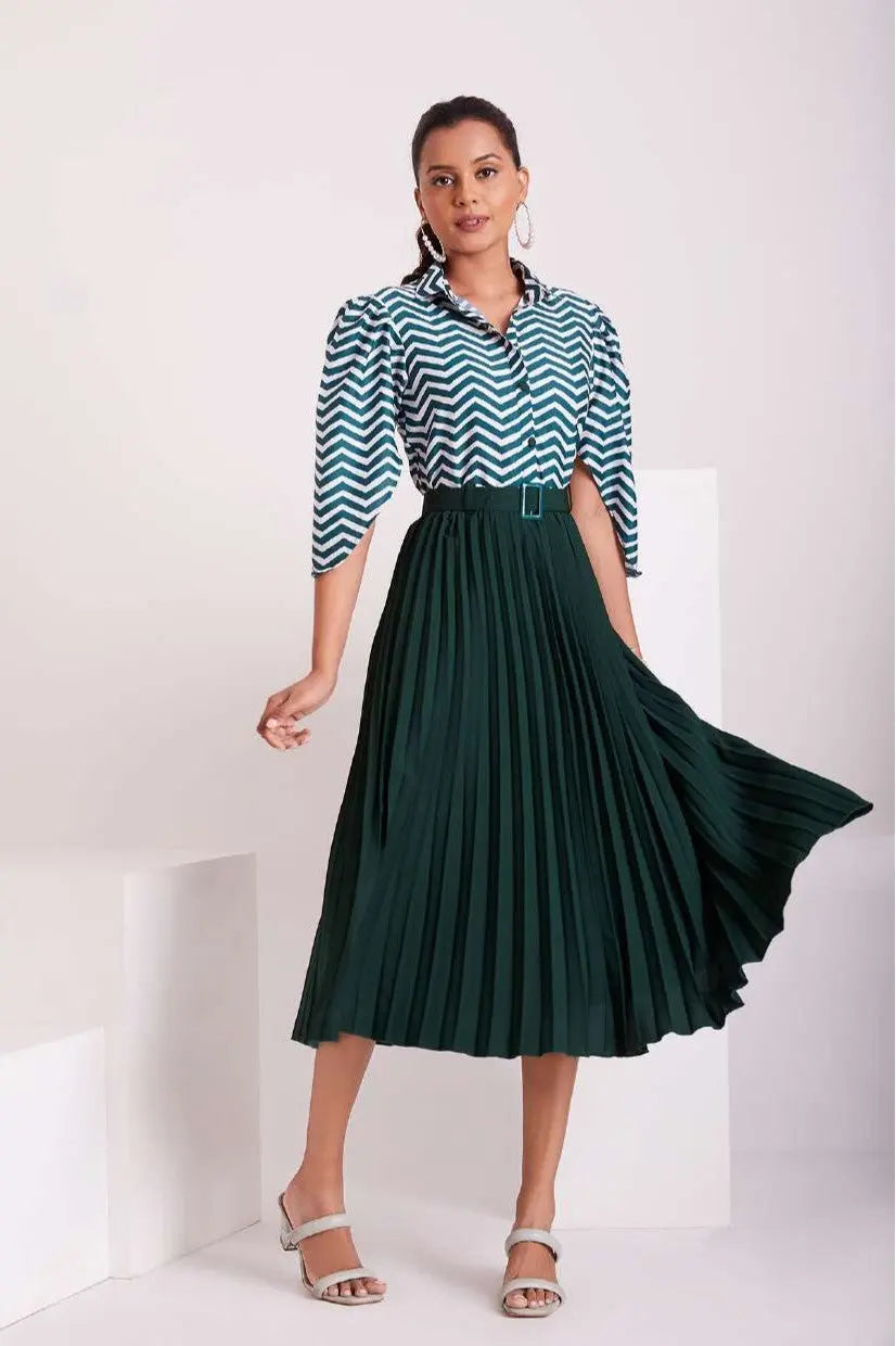 Green and White Pleated Western Wear Stylish Dress For Women - Let Us Vogue