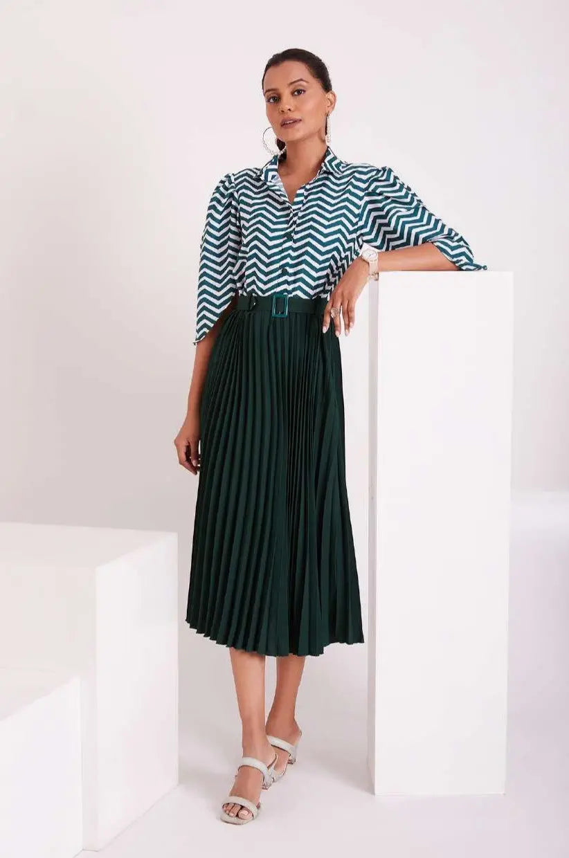 Green and White Pleated Western Wear Stylish Dress For Women - Let Us Vogue