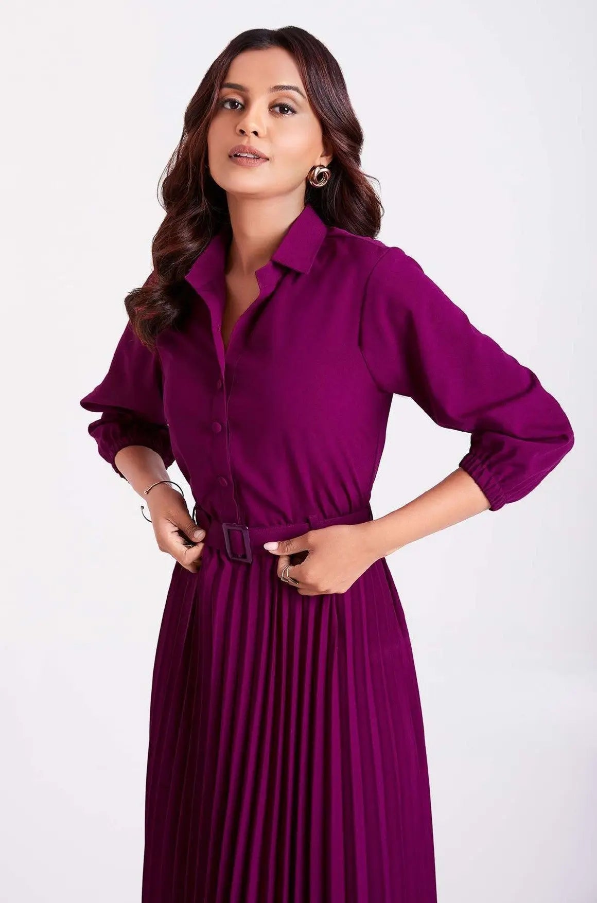 Purple Pan Collar Pleated Western Wear dress for women - Let Us Vogue