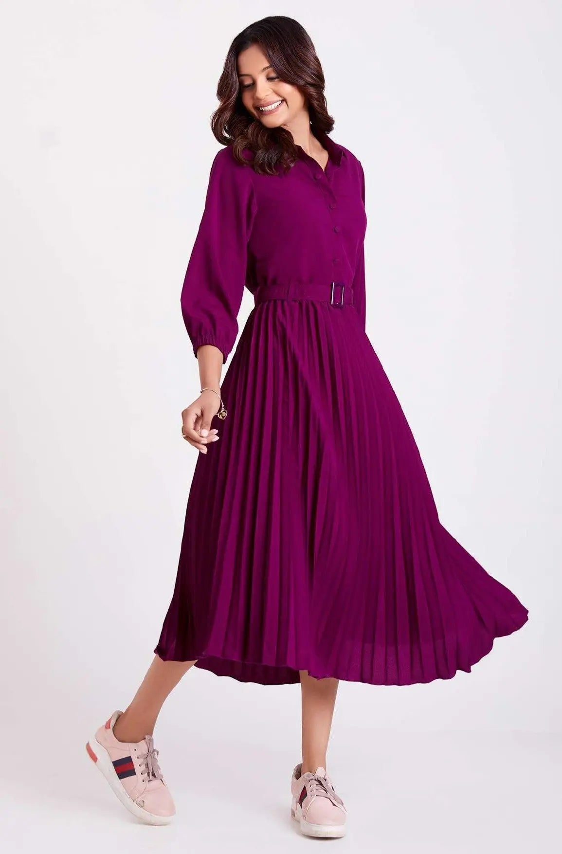 Purple Pan Collar Pleated Western Wear dress for women - Let Us Vogue