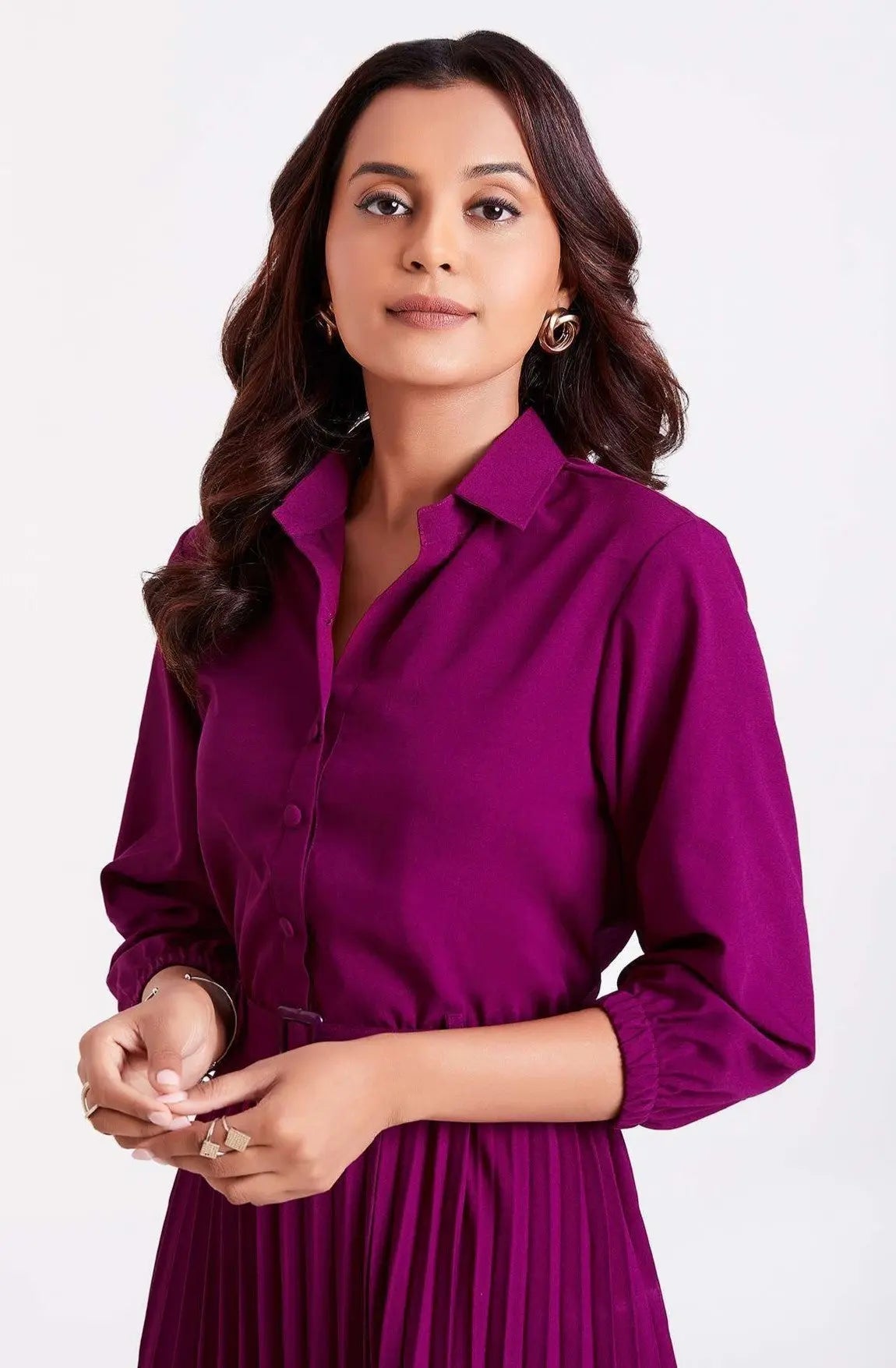 Purple Pan Collar Pleated Western Wear dress for women - Let Us Vogue