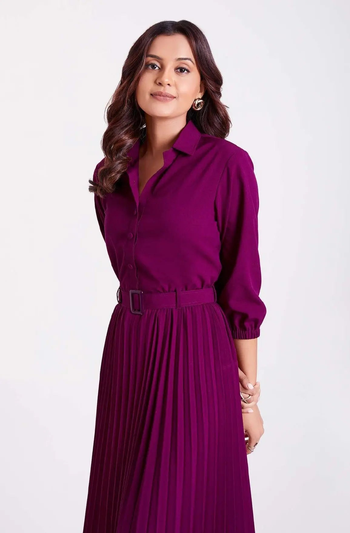 Purple Pan Collar Pleated Western Wear dress for women - Let Us Vogue