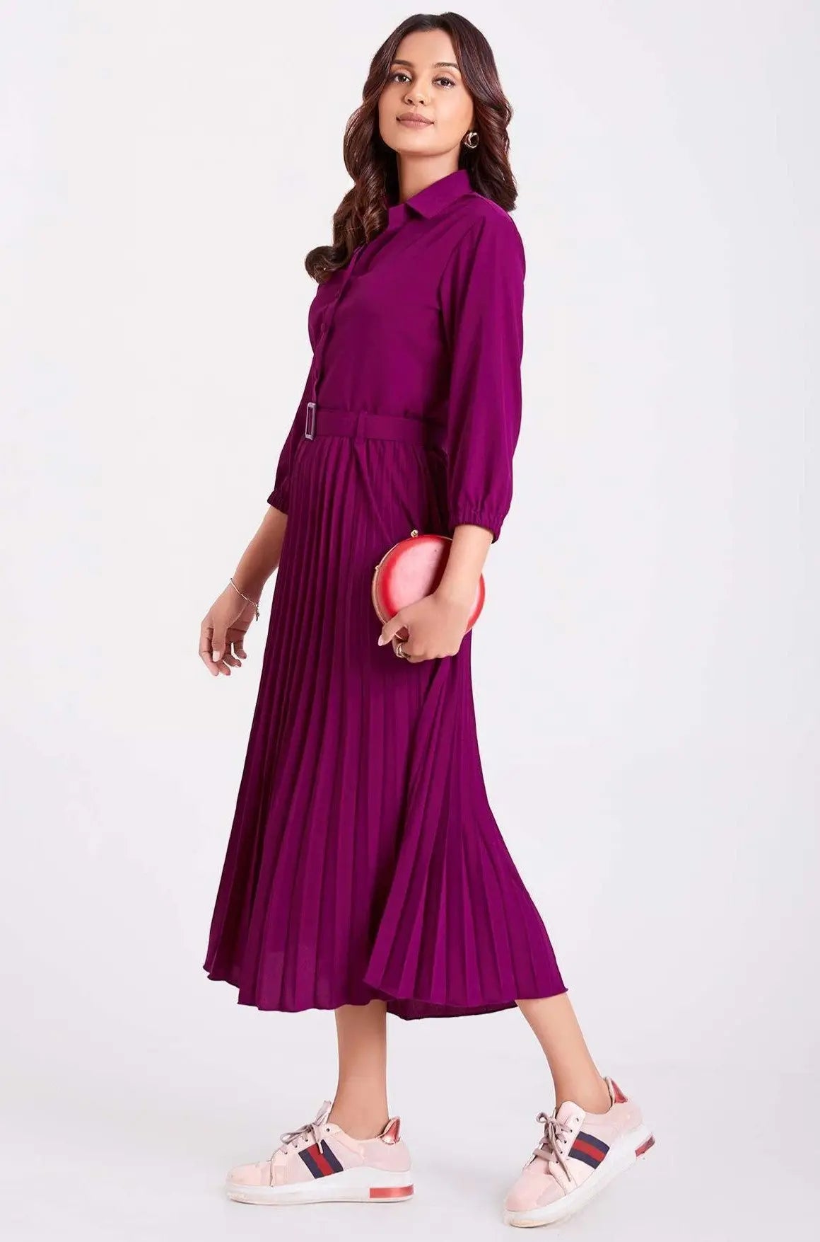 Purple Pan Collar Pleated Western Wear dress for women - Let Us Vogue