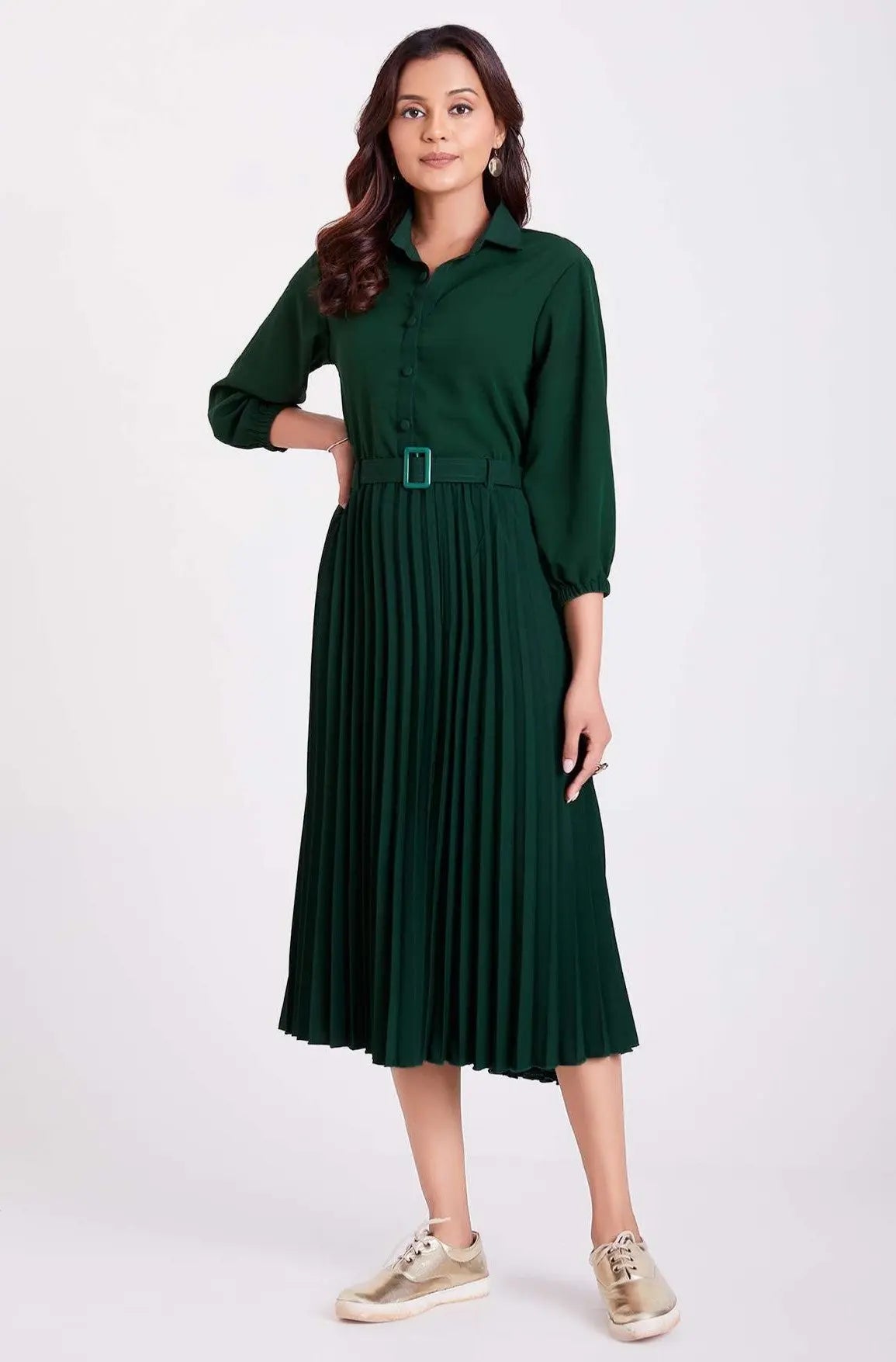 Green Pan Collar Pleated Western Wear dress for women - Let Us Vogue