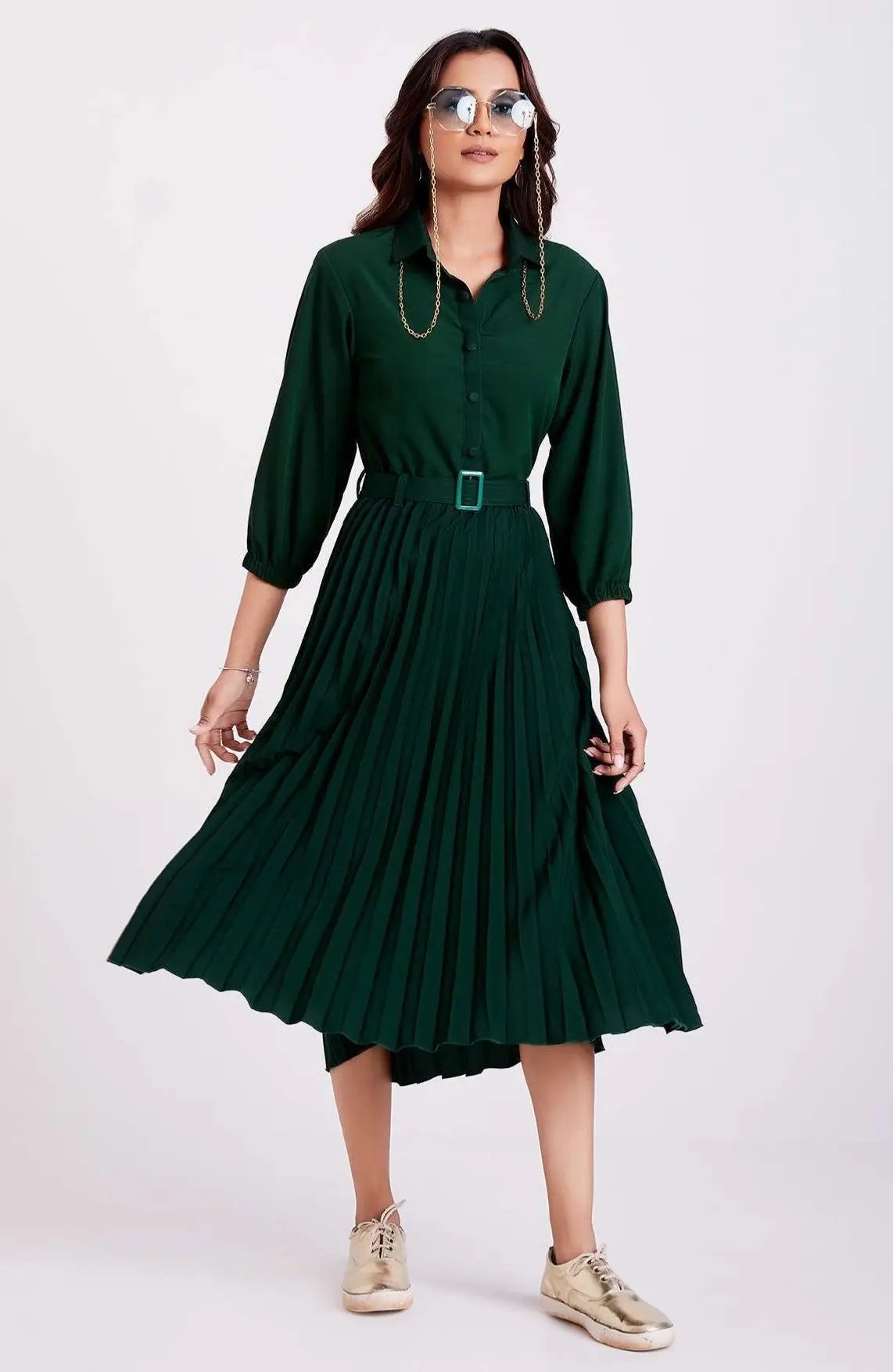 Green Pan Collar Pleated Western Wear dress for women - Let Us Vogue