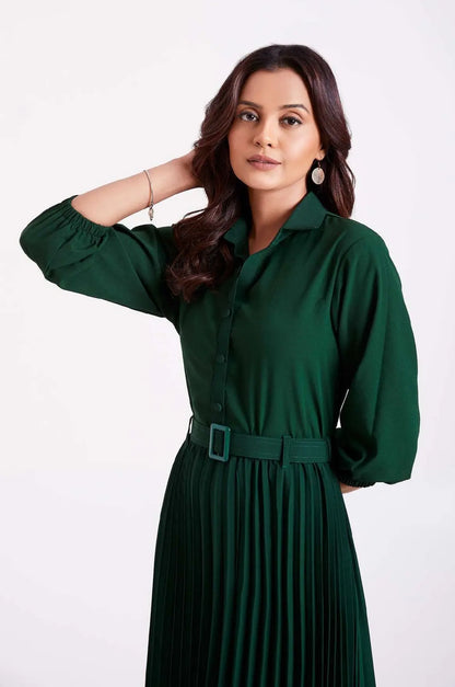 Green Pan Collar Pleated Western Wear dress for women - Let Us Vogue