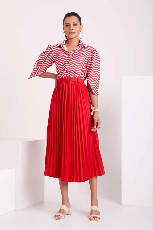 Red and White Pleated Western Wear Stylish Dress For Women - Let Us Vogue