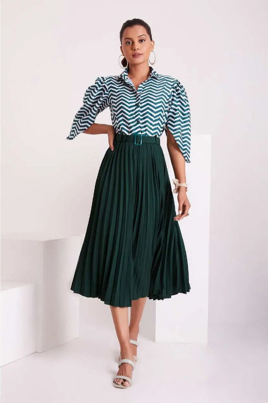 Green and White Pleated Western Wear Stylish Dress For Women - Let Us Vogue