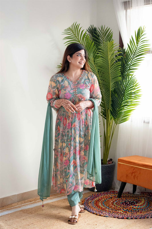 Green Colour Floral Alia Cut Party Wear Embroidery With Mirror Work Kurta With Pant And Duppata Set Desi Soul