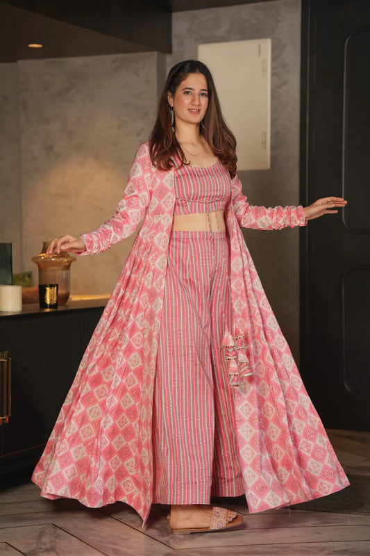 Barbie Pink Printed Shrug Style Indo Western Gown For Women Desi Soul