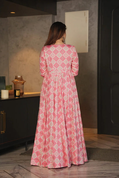 Barbie Pink Printed Shrug Style Indo Western Gown For Women Desi Soul