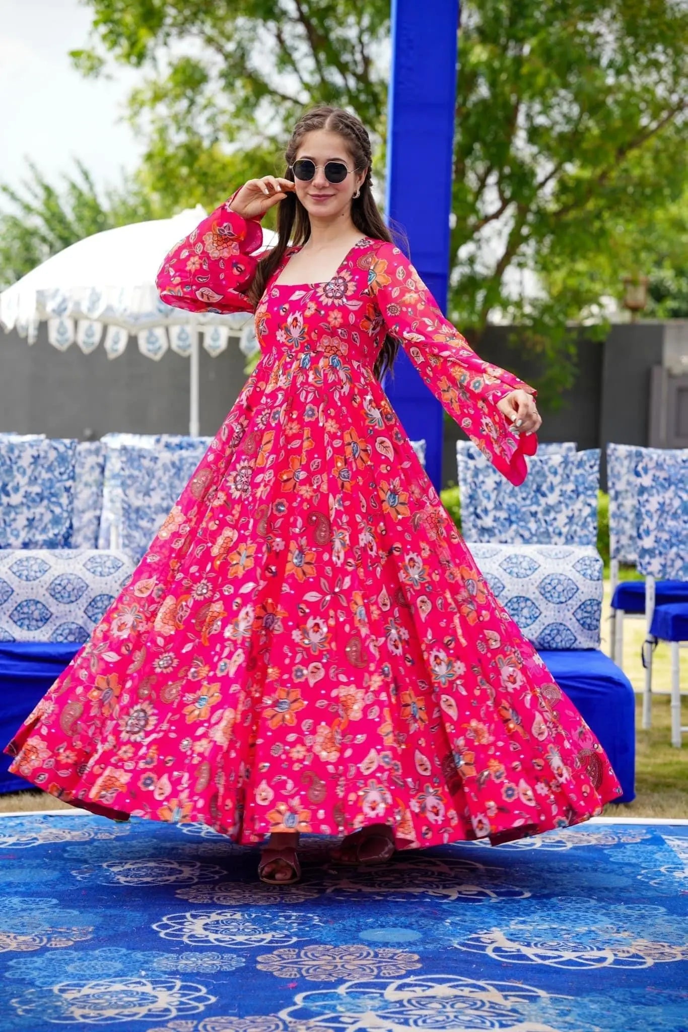 Pink Floral Designer and Stylish Full Flair Gown For Women Desi Soul