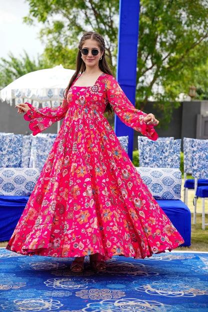 Pink Floral Designer and Stylish Full Flair Gown For Women Desi Soul