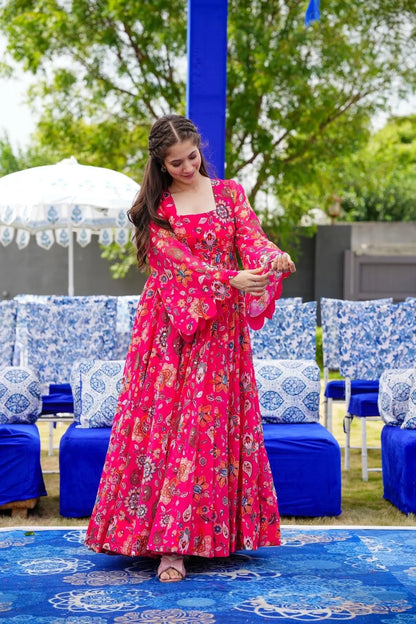 Pink Floral Designer and Stylish Full Flair Gown For Women Desi Soul