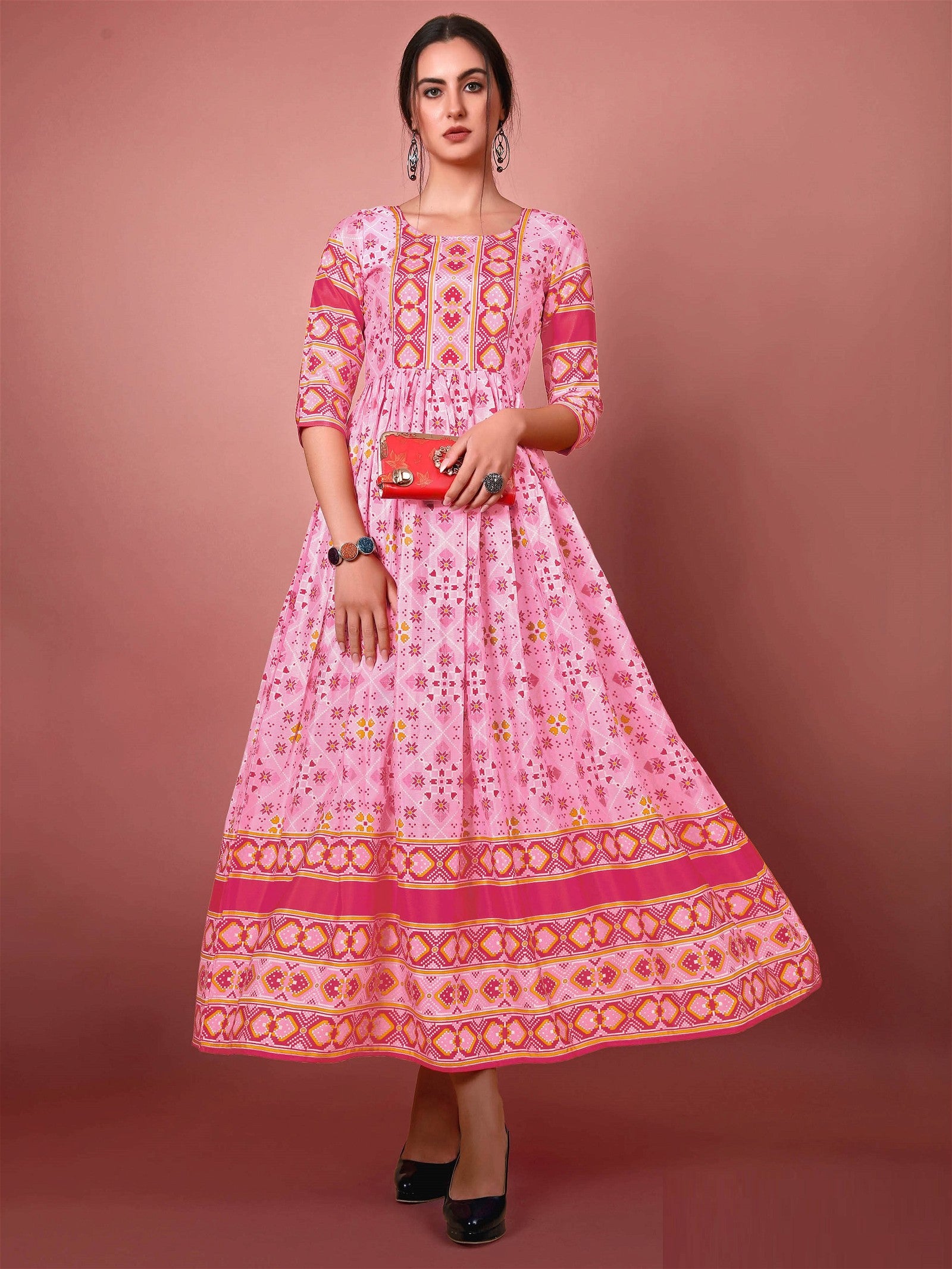 Cadilllac Pink Chinon Digital Printed Long Gown Desi Soul