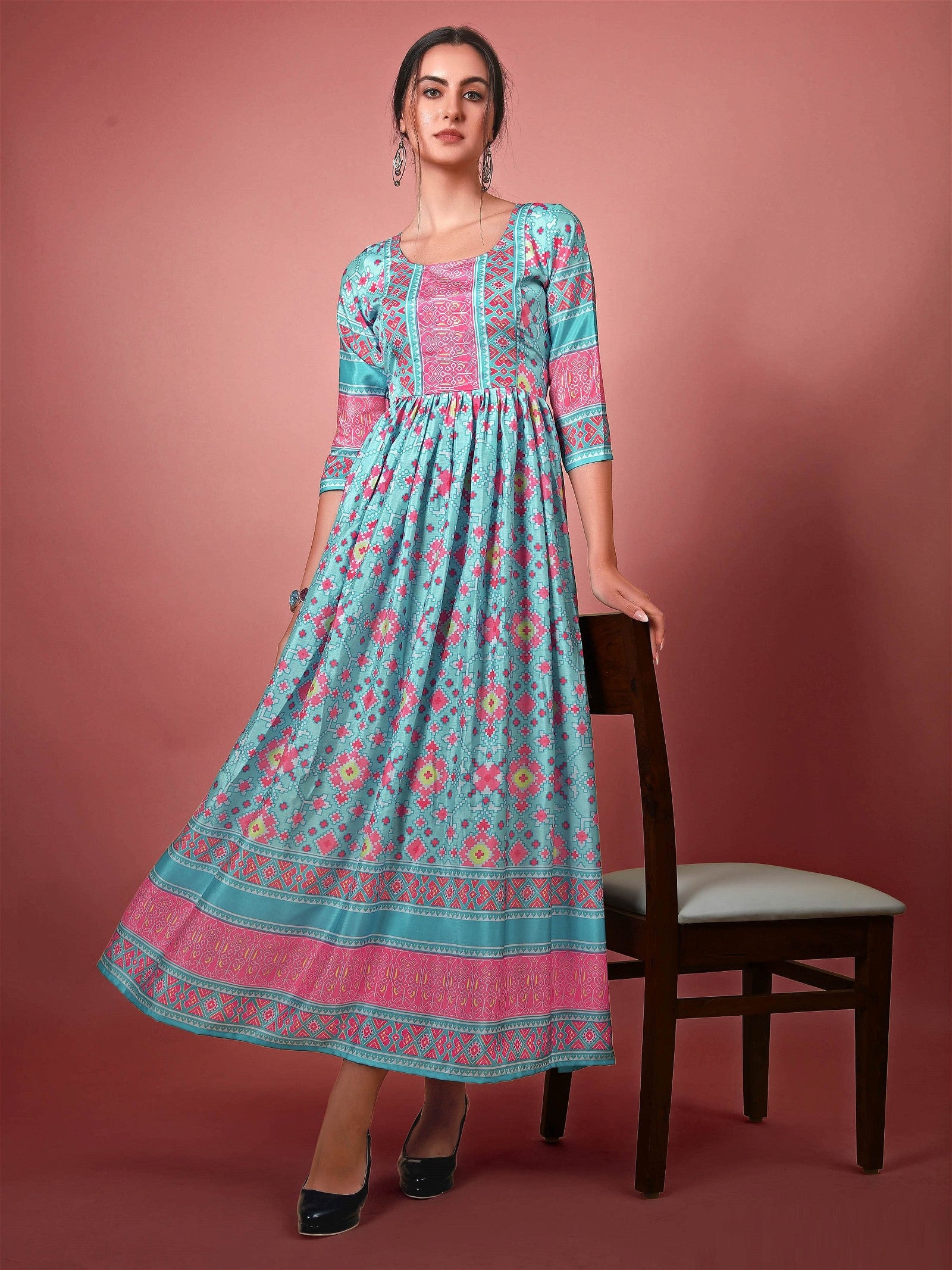 Moonstone Blue Chinon Digital Printed Long Gown Desi Soul