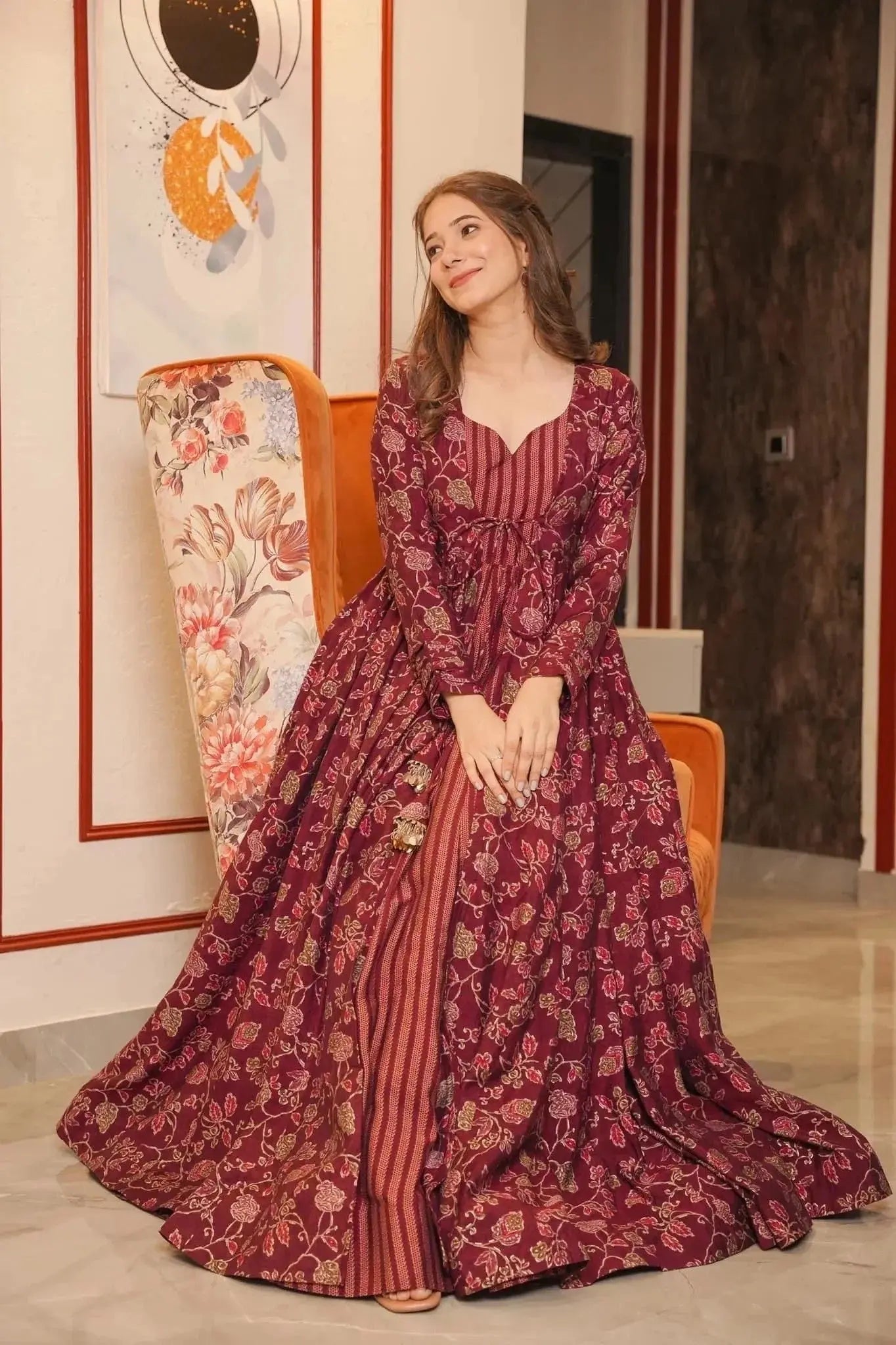 Maroon Floral Full Flair Shrug set for women Desi Soul