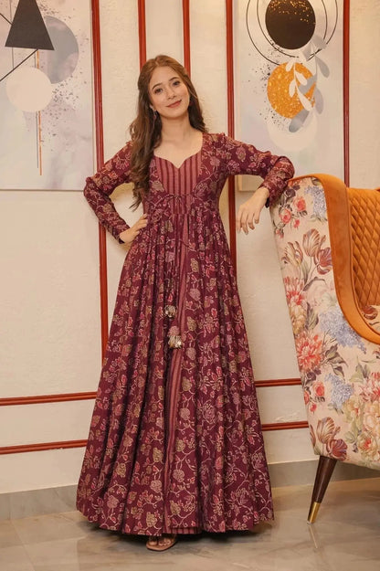 Maroon Floral Full Flair Shrug set for women Desi Soul