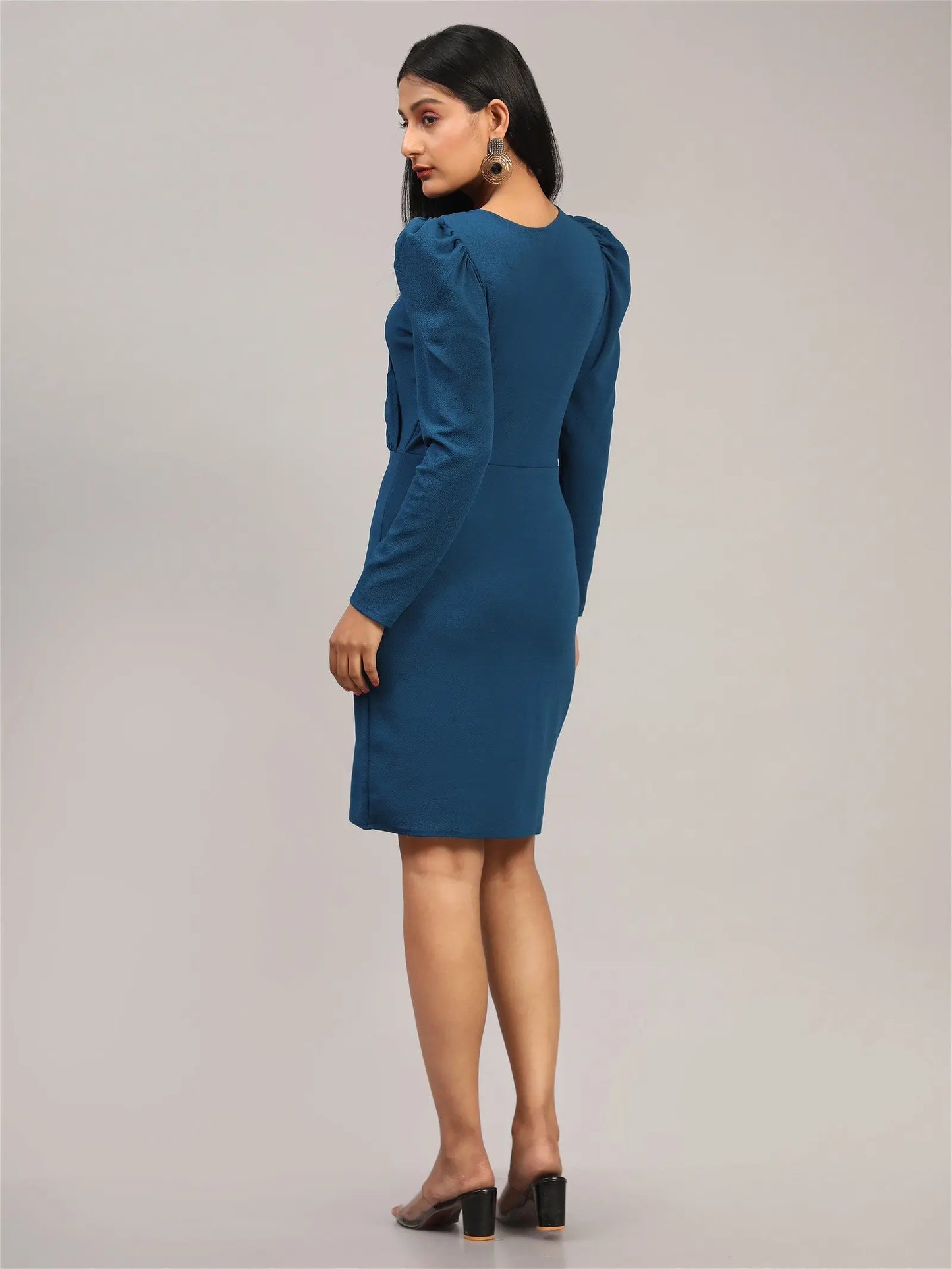 Blue Bodycon Casual Knee Length Dress Desi Soul