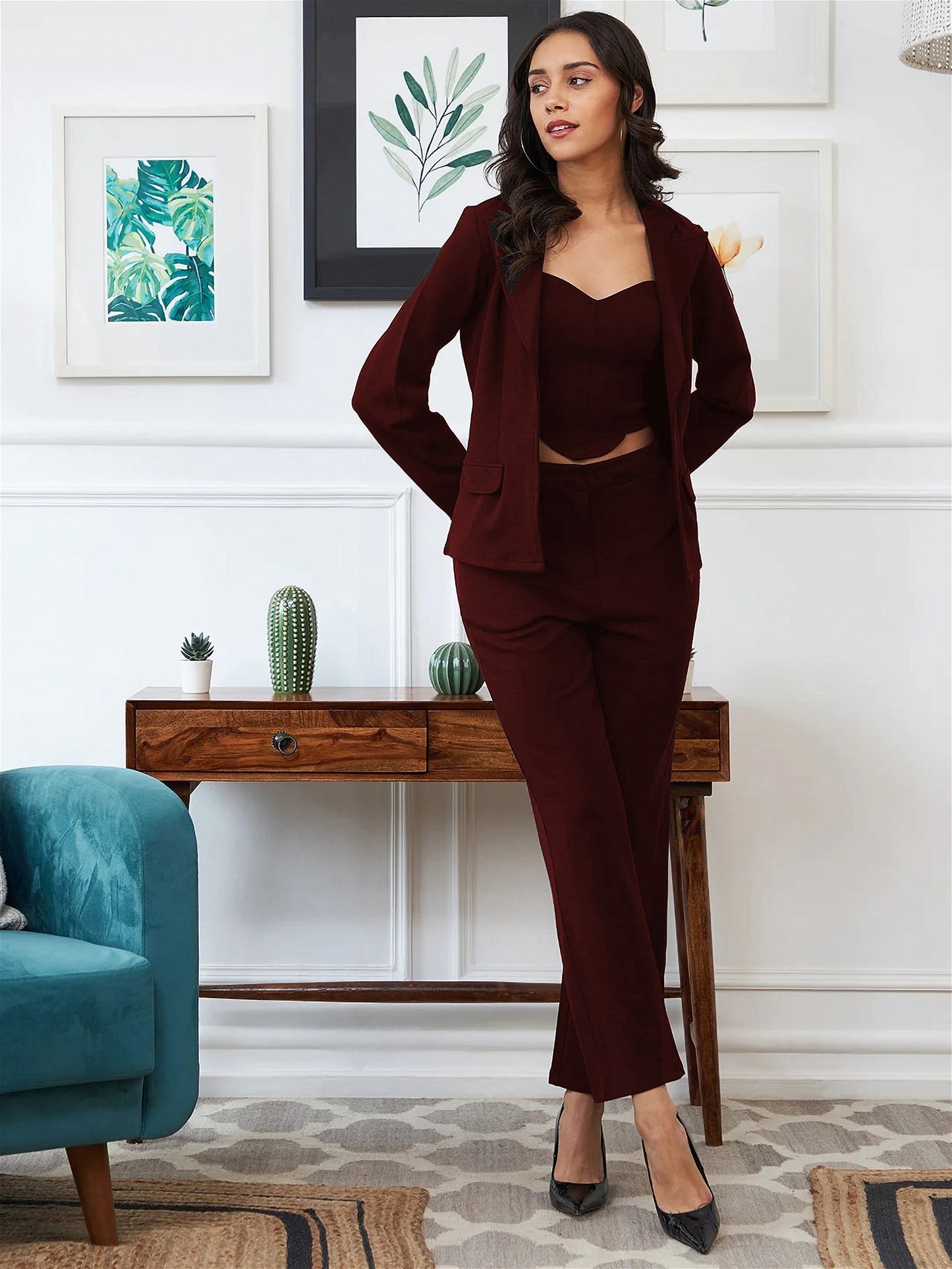 WINE JACKET TOP AND TROUSER 3 PIECE CO-ORD SET Desi Soul