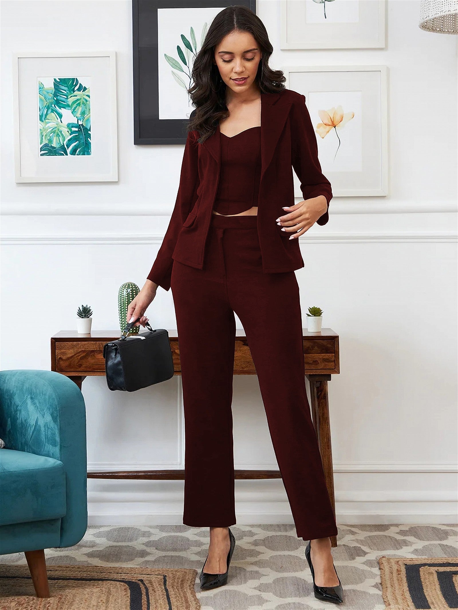 WINE JACKET TOP AND TROUSER 3 PIECE CO-ORD SET Desi Soul