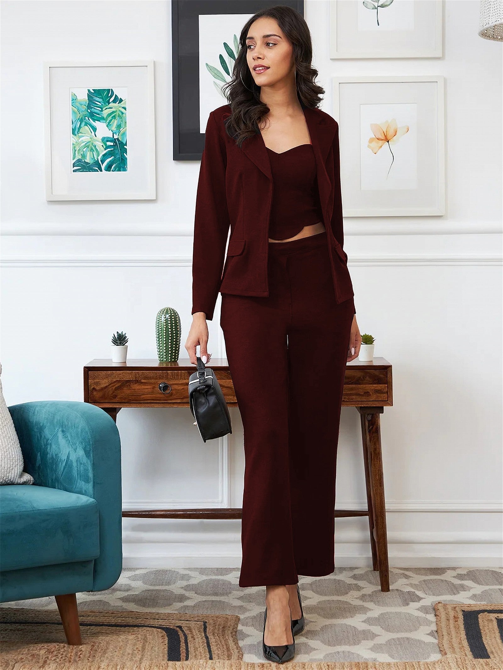 WINE JACKET TOP AND TROUSER 3 PIECE CO-ORD SET Desi Soul