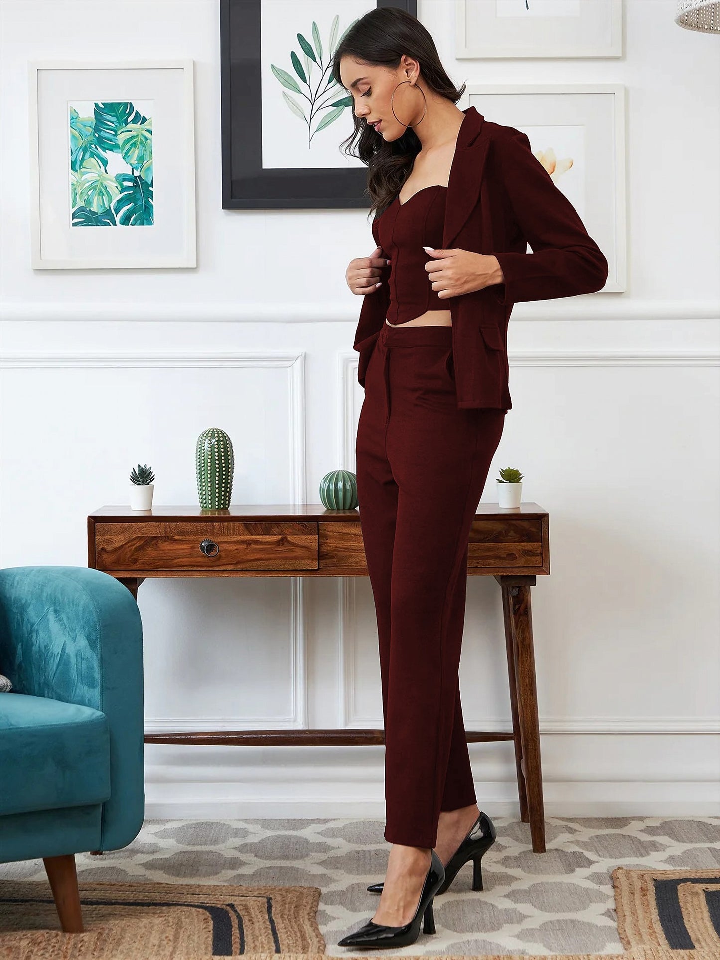 WINE JACKET TOP AND TROUSER 3 PIECE CO-ORD SET Desi Soul