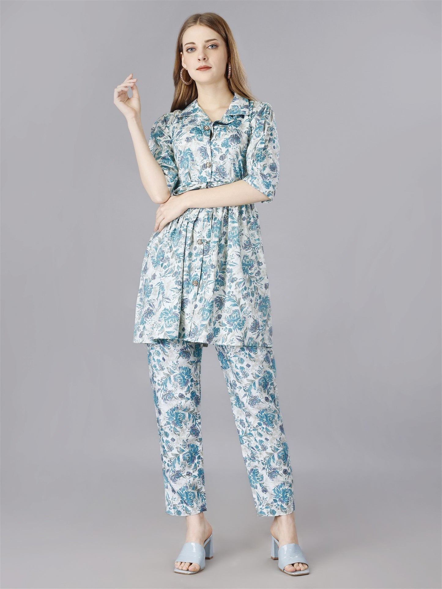 Printed Blue 2-Piece Shirt & Trousers Set Desi Soul