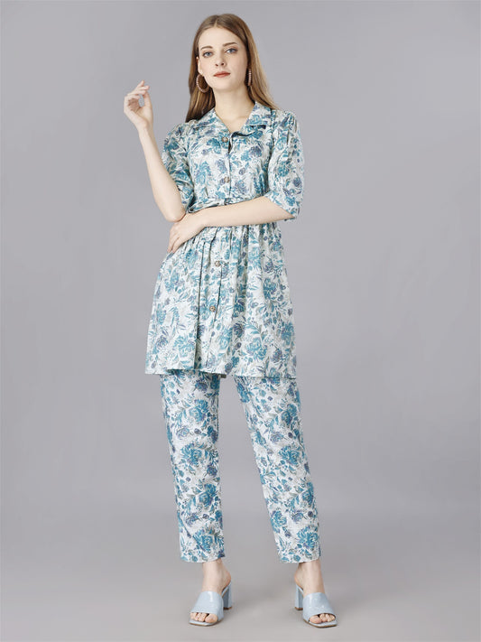 Printed Blue 2-Piece Shirt & Trousers Set Desi Soul